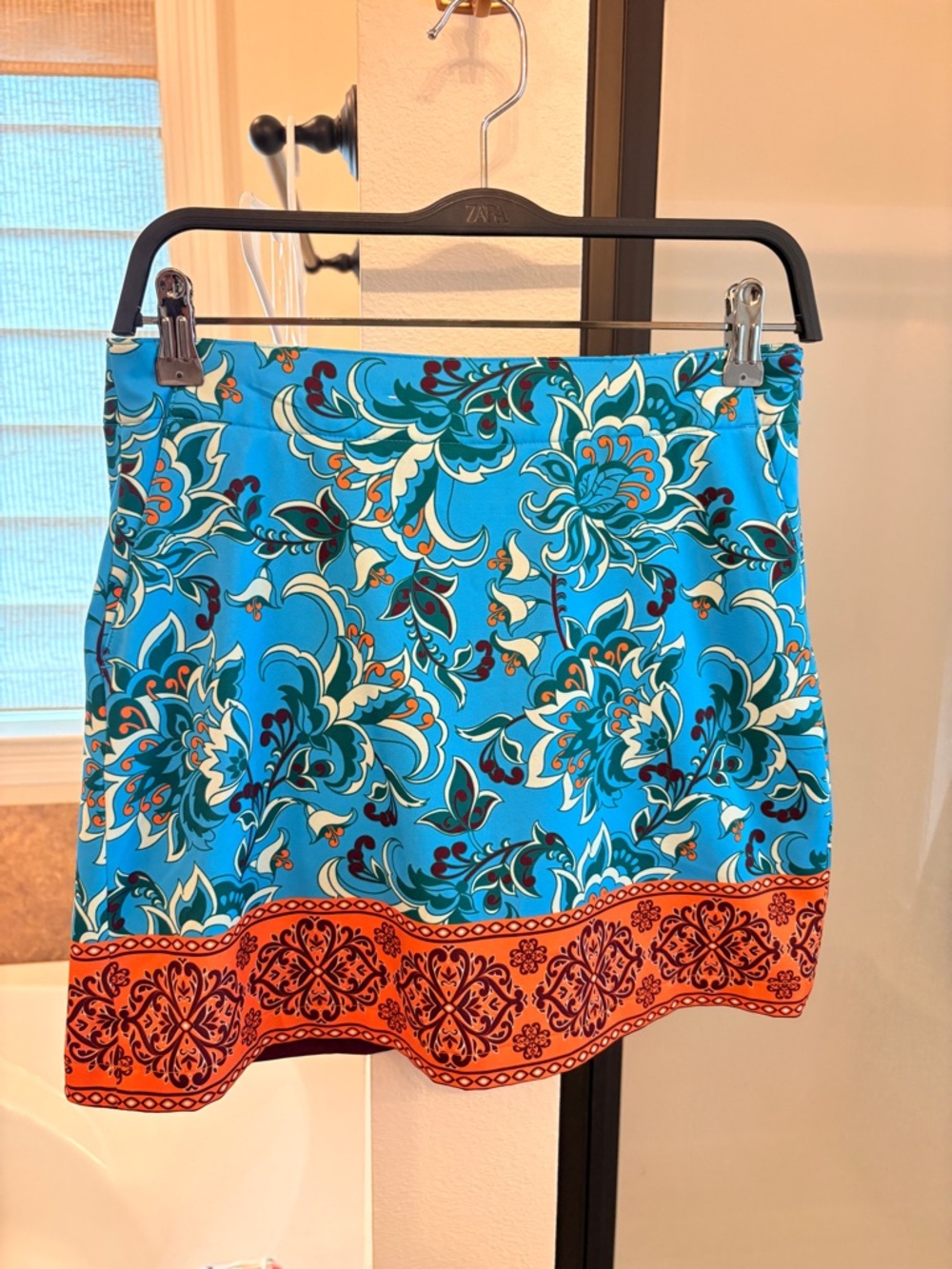 Lady Hagen Turquoise Floral Mini Skirt with Orange Border